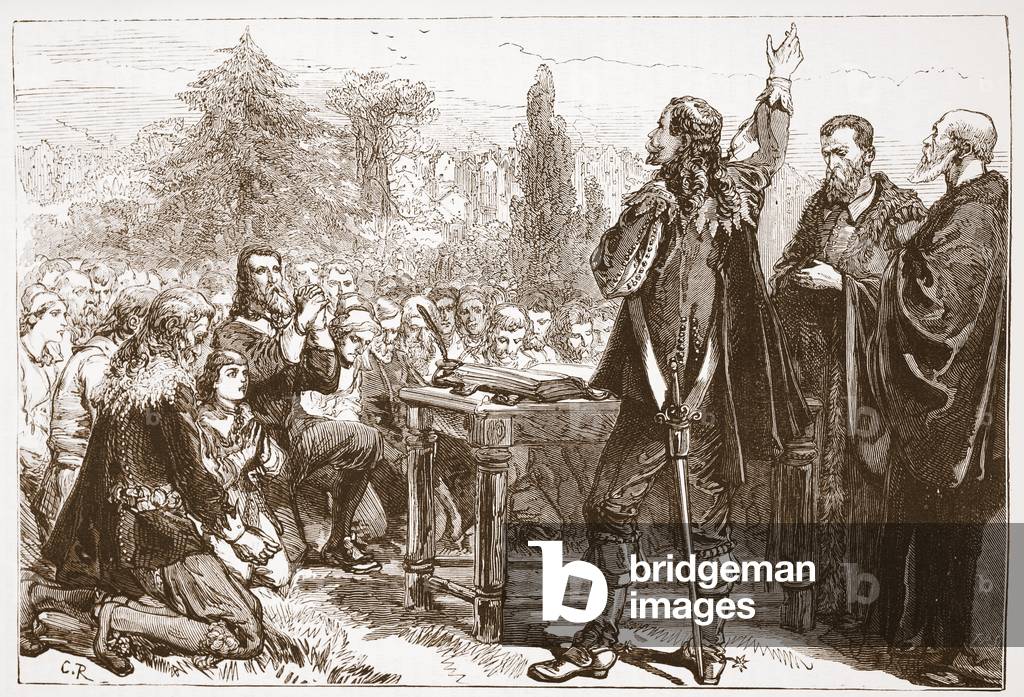 The swearing and subscribing of the National Covenant in Greyfriars' Churchyard, Edinburgh, illustration from 'The History of Protestantism' by James Aitken Wylie (1808-1890), pub. 1878 (engraving)