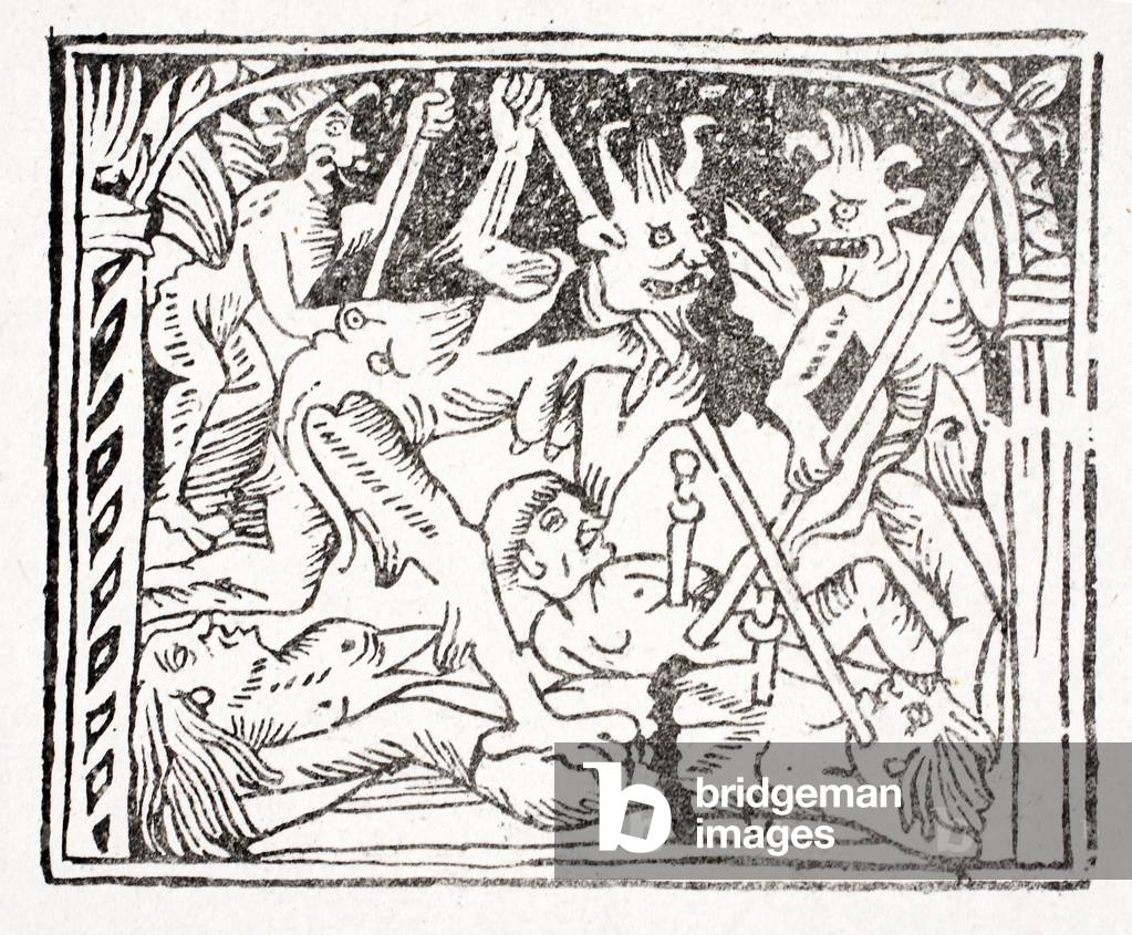 Third: Lazarus describes what he's seen in hell - a very dark cave, where men have been pierced with double-edged swords (litho)
