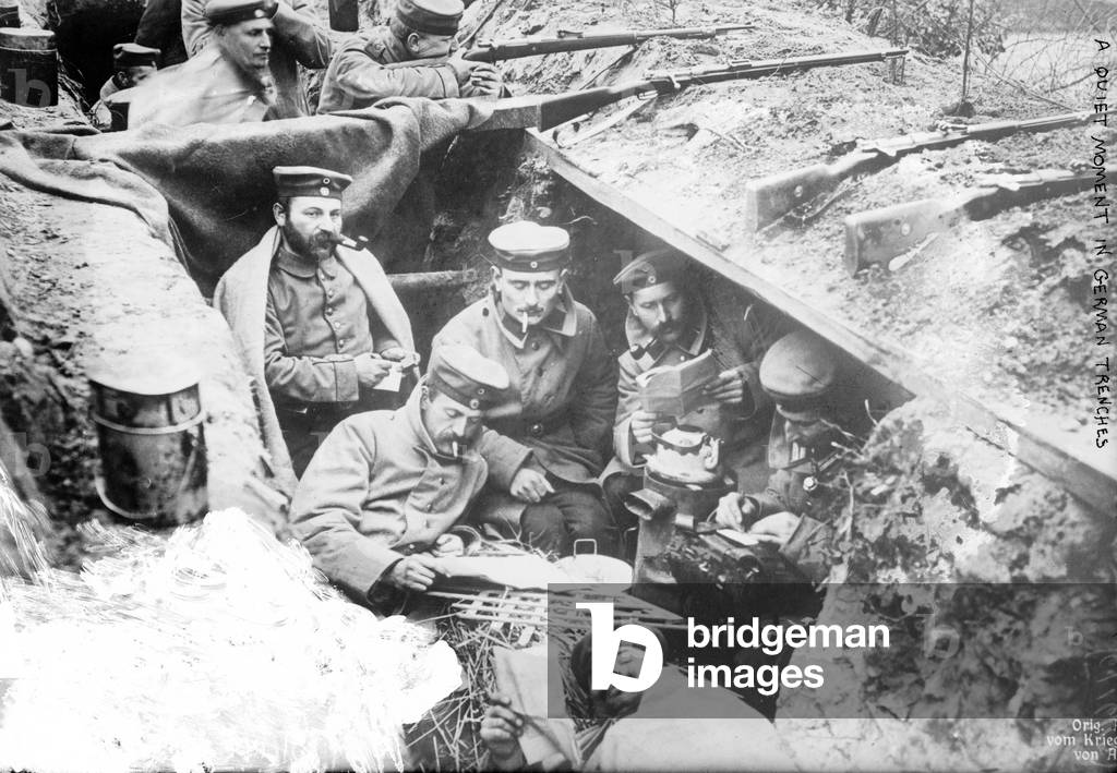 German soldiers relaxing in the trenches during WWI (b/w photo)