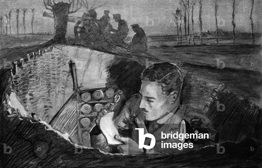 Telephone dug out at night receiving a message, from 'The Illustrated War News' (litho)
