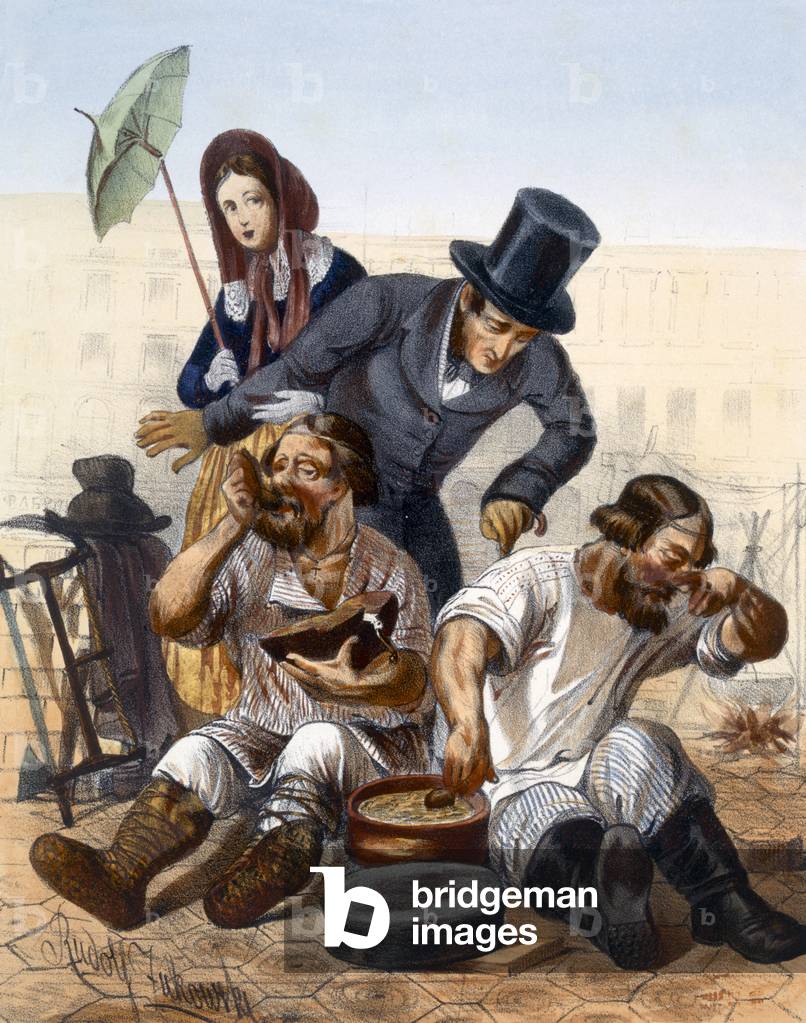 Rich couple speak to a pair of drunken carpenters cooking & eating in the street, 1843 (colour litho)