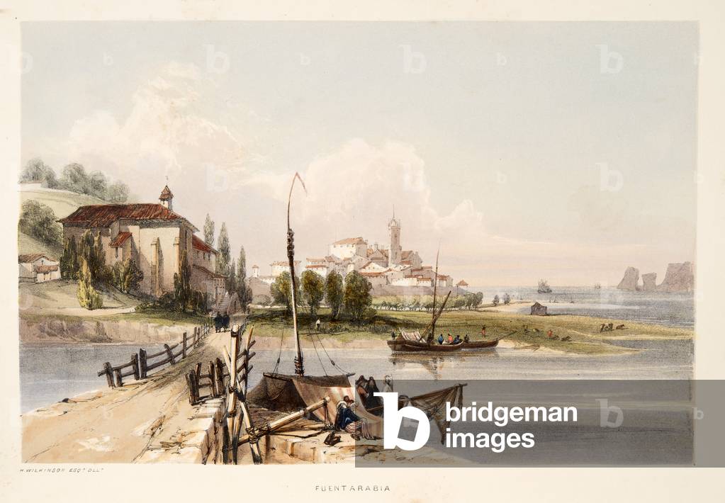 Fontarabia, with the convent and Bridge of Capauchinos, from Sketches of scenery in the Basque provinces of Spain, with a selection of national music , pub. 1838 (hand coloured engraving)