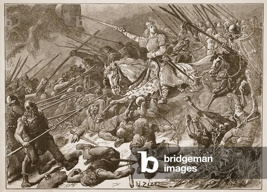 The 'Lady of the Mercians' fighting the Welsh, illustration from 'Cassell's Illustrated History of England' (engraving) (sepia photo)