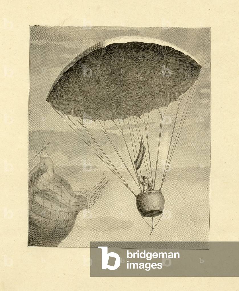 First man to descend in a parachute, 22nd October 1797, at Parc Monceau, Paris, pub. 1860-1900. (engraving)