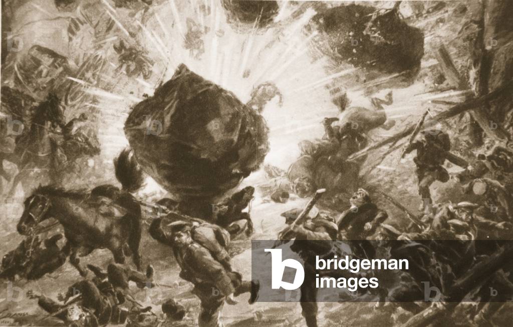 Like a Volcanic eruption: the explosion of a Land-mine: a German picture of 'a Russian column blown up near Przemysl', from 'The Illustrated War News', 1916 (litho)