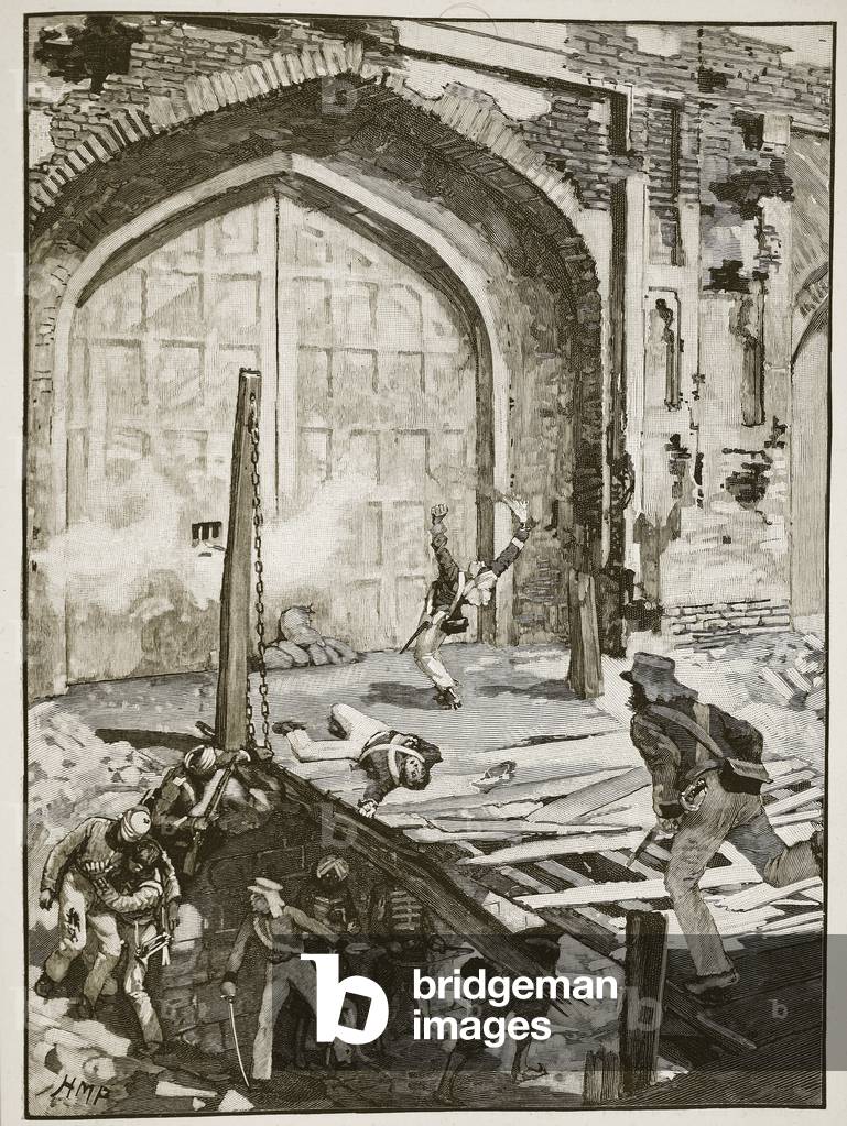 Blowing up the Cashmere gate at Delhi, illustration from 'Cassell's Illustrated History of England' (engraving) (sepia photo)