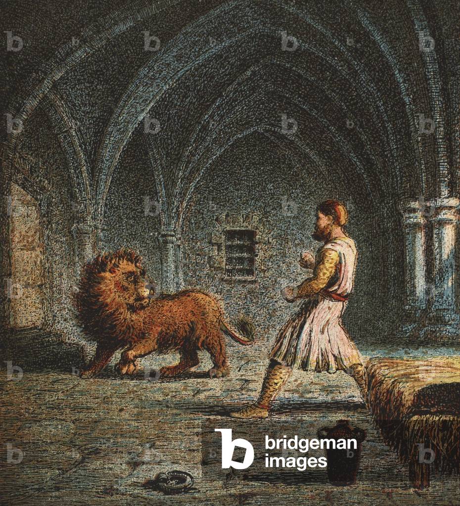 Richard the First and a Lion, pub. 1890 (colour lithograph)