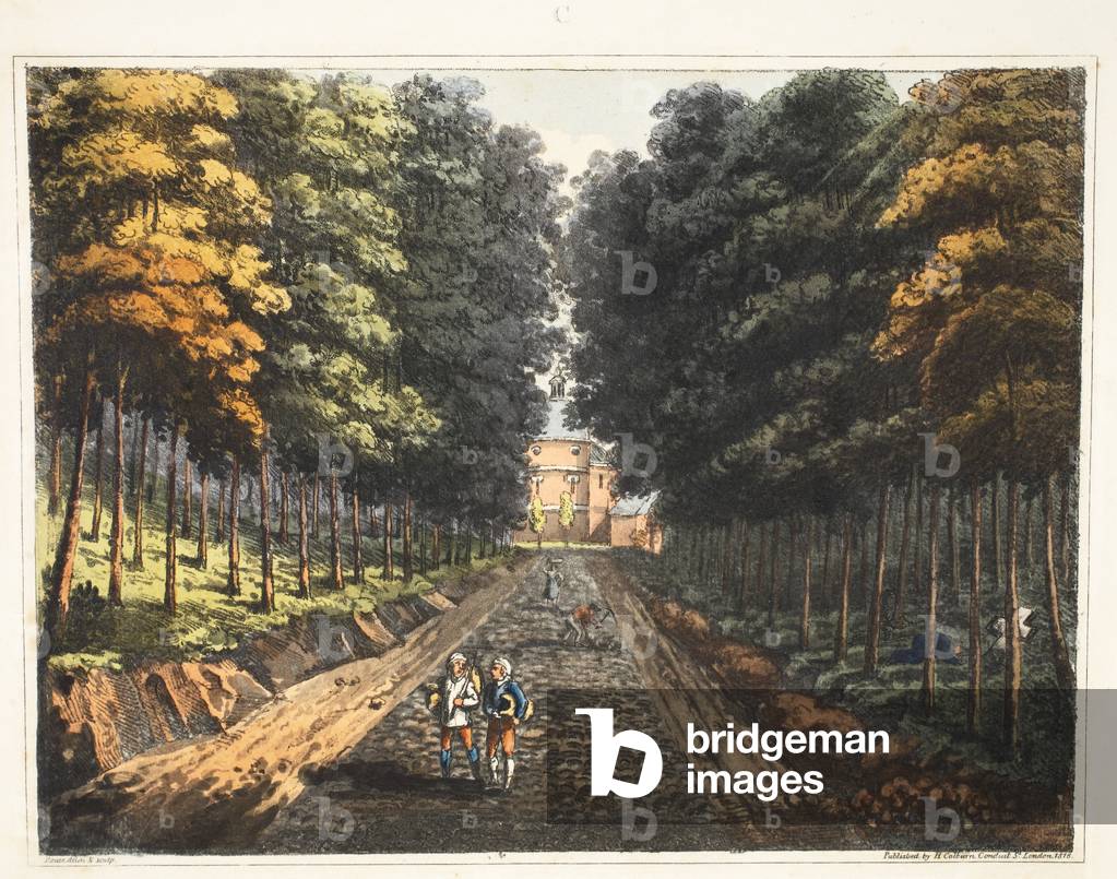 Approach to the village of Waterloo, with the chapel of Waterloo seen in the distance (coloured engraving)