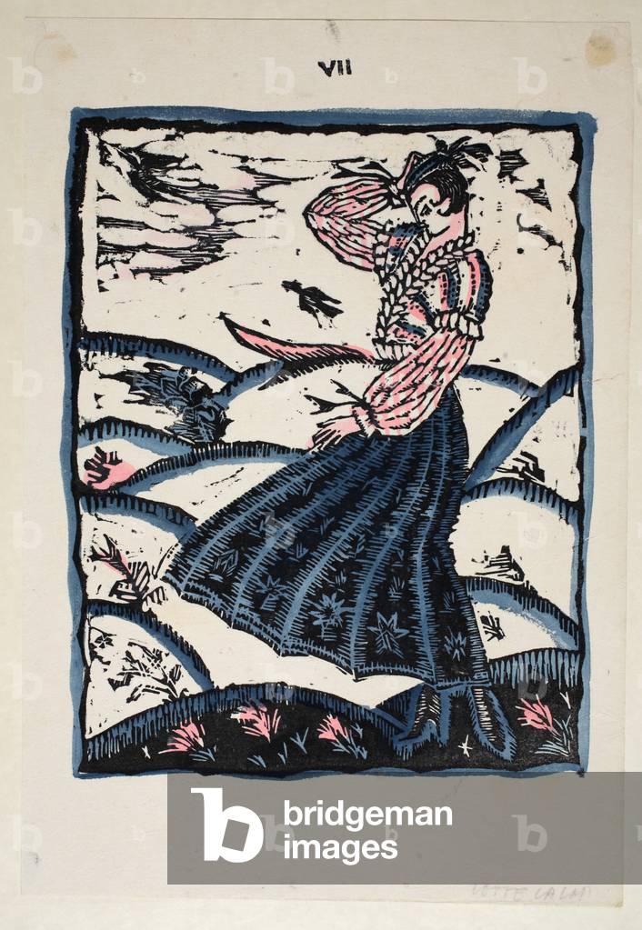 Woman blown by wind outdoors, Plate 7, Book 9, illustration from 'Wiener Werkstatte Mode 1914/15', pub. Eduard Kosmack, Vienna, 1914-1915 (hand-coloured linocut)