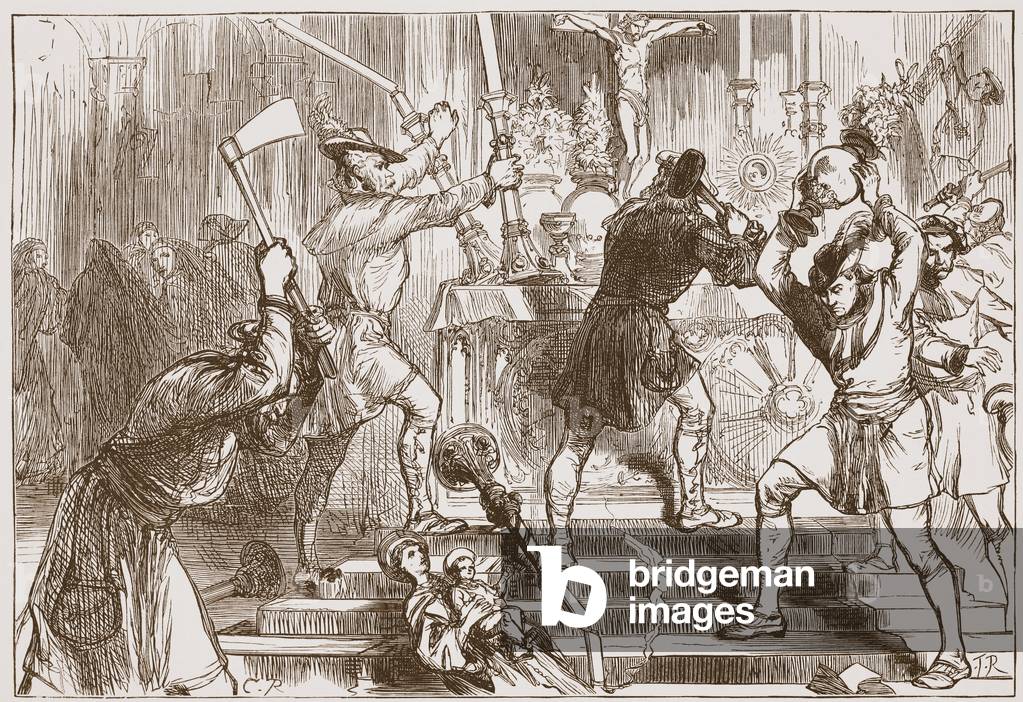 The Iconoclasts destroying the images and altar decorations of a Roman Catholic Church, illustration from 'The History of Protestantism' by James Aitken Wylie (1808-1890), pub. 1878 (engraving)
