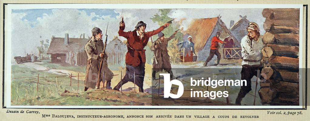 Ms. Baloujeva, Agronomist, announces her arrival in a village with a revolver,  from Histoire des Soviets, pub. 1922 (colour litho)