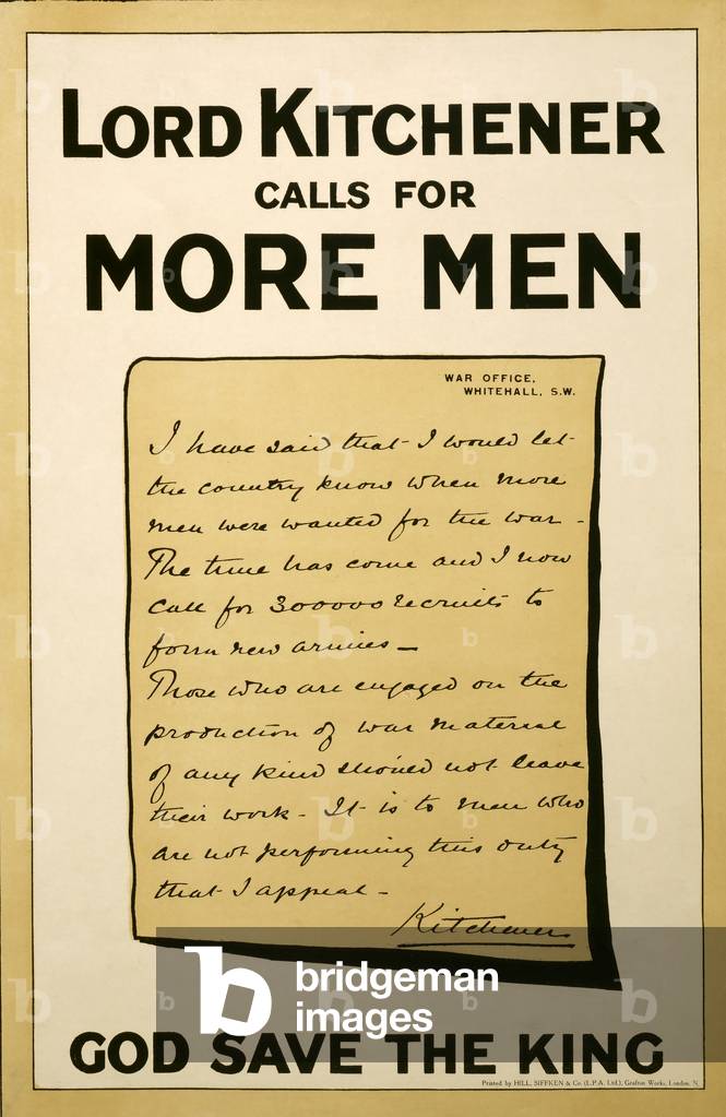 Recruitment Poster 'Lord Kitchener Calls for More Men', c.1915 (colour litho)