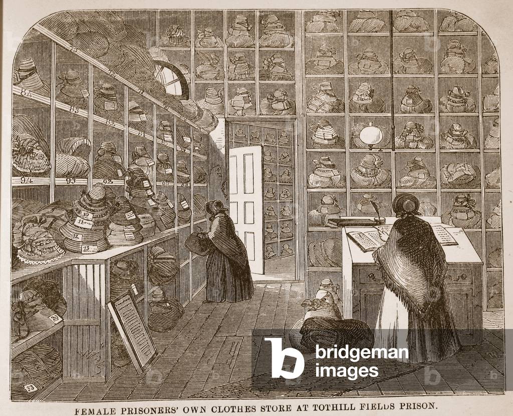 Female prisoners' own clothes store at Tothill Fields Prison, illustration from 'The Criminal Prisons of London and Scenes from Prison Life' by Henry Mayhew and John Binny, pub. 1862 (engraving)