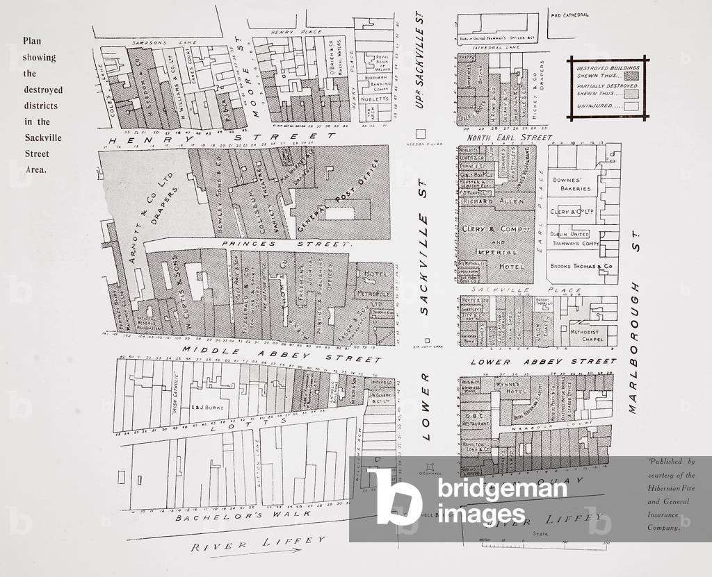 Plan showing the destroyed districts in the Sackville Street area, from 'An Illustrated Record of the Sinn Fein Revolt in Dublin, April 1916' (litho)