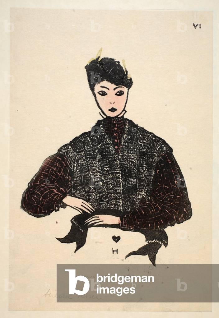Maulwurf pelz weste, Plate 6, Book 10, illustration from 'Wiener Werkstatte Mode 1914/15', pub. Eduard Kosmack, Vienna, 1914-1915 (hand-coloured linocut)