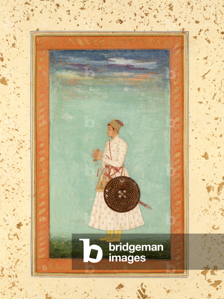 A young nobleman of the Mughal court holding a sealed brocade envelope, c.1670-80, from the Large Clive Album (gouache on paper)