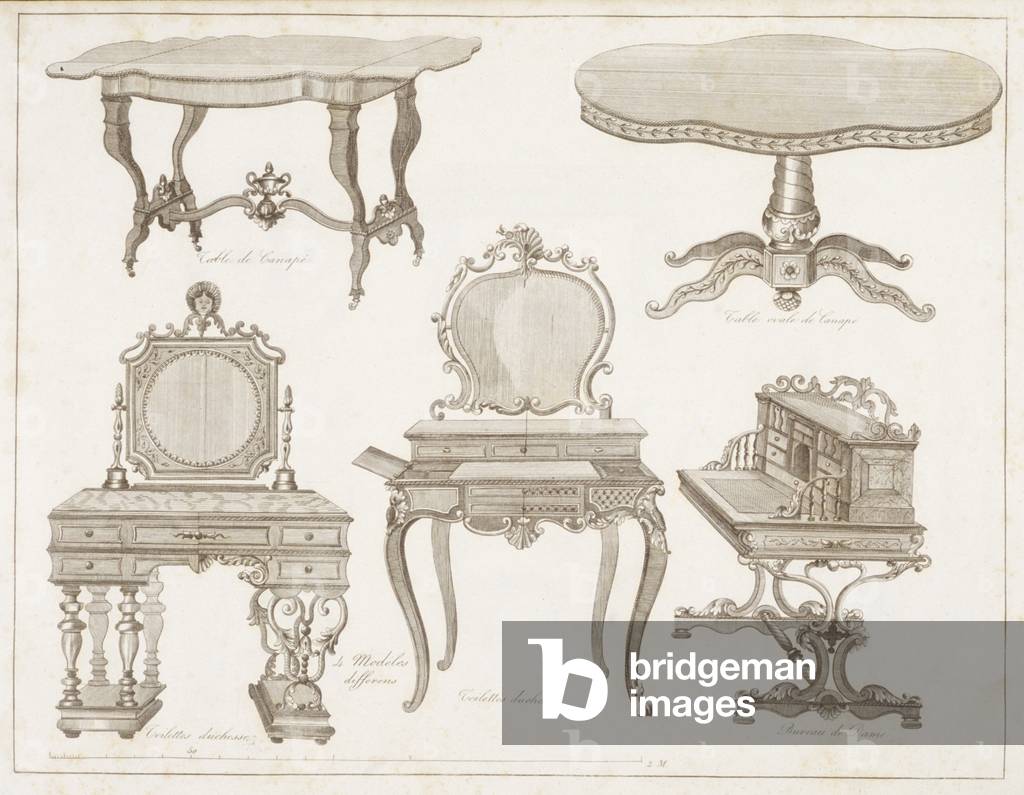 Möbeldesigns von Lefevre-Chauveaux, von Album Dessins de Meubles, schwarz-weiße Gravur