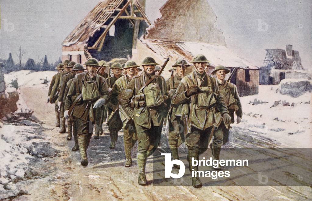 "Britische Truppen auf dem Marsch bei Winterbedingungen", 20. Jahrhundert von English School