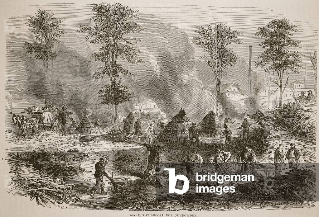 Making charcoal for gunpowder, illustration from 'Cassell's History of the War between France and Germany, 1870-1871' (litho)