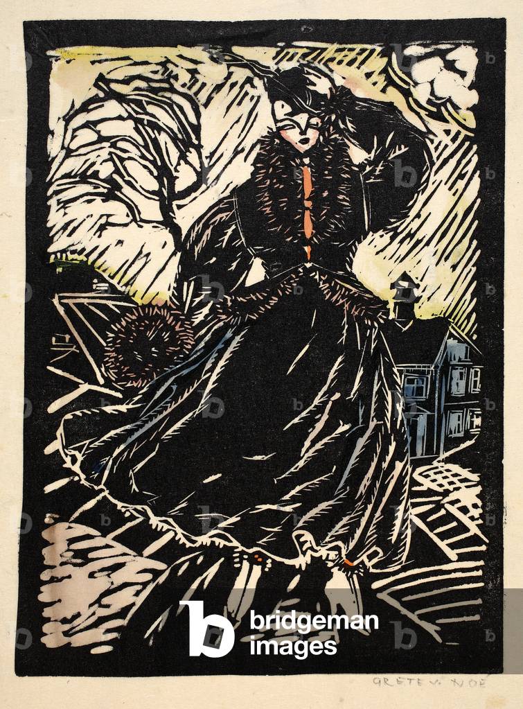 Design for Winter Coat, Plate 4, Book 12, illustration from 'Wiener Werkstatte Mode 1914/15', pub. Eduard Kosmack, Vienna, 1914-1915 (hand-coloured linocut)