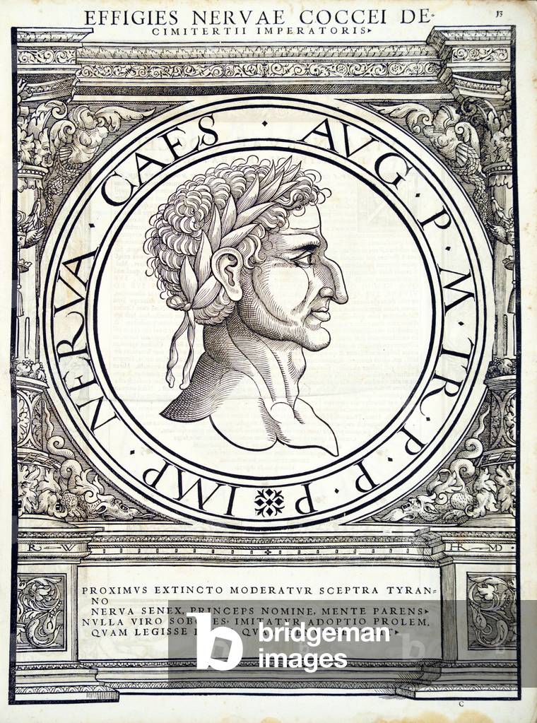 Nerva, illustration from 'Imperatorum romanorum omnium orientalium et occidentalium verissimae imagines ex antiquis numismatis', woodcut by Rudolph Wyssenbach, printed by Andreas Gesner, Zurich, 1559 (woodcut)