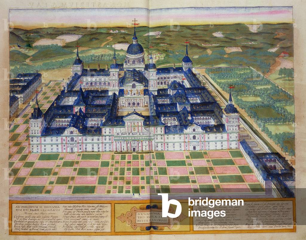 Plan of the Monastery of El Escorial, from 'Civitates Orbis Terrarum' by Georg Braun (1541-1622) and Frans Hogenberg (1535-90), c.1572 (coloured engraving)