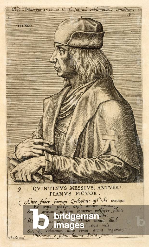 "Ritratto di Quentin Messys (incisione)", C17th Secolo di Theodor Galle, b/w