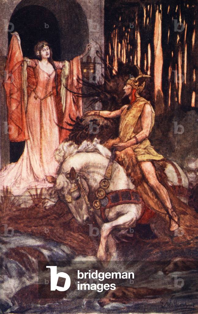 Blodeuwedd's Invitation to Gronw Pebyr, illustration from 'Celtic Myth and Legend' by Charles Squire, 1905 (colour litho)
