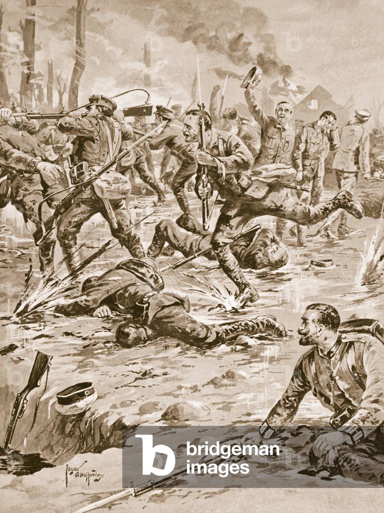 Corporal G. Sanders and his party driving off a German attack and rescuing some prisoners (litho)