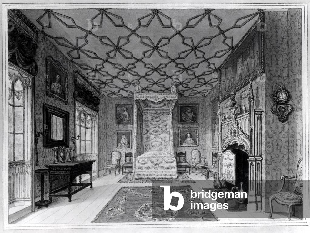 Great North Bed Chamber of Strawberry Hill (litho) (b/w photo)