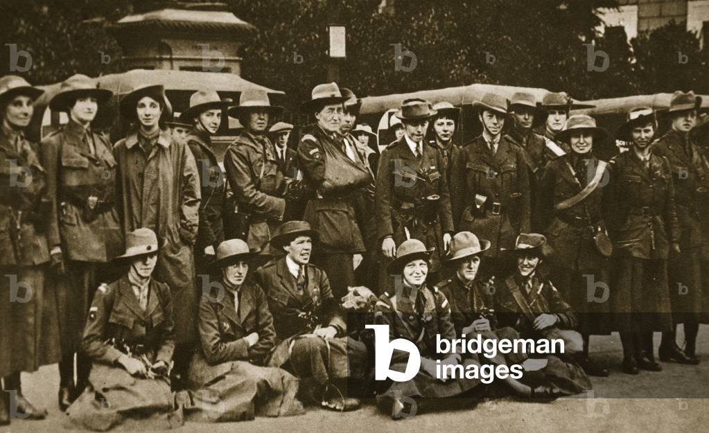 A women's reserve ambulance unit leave London en route for Russia (sepia photo)