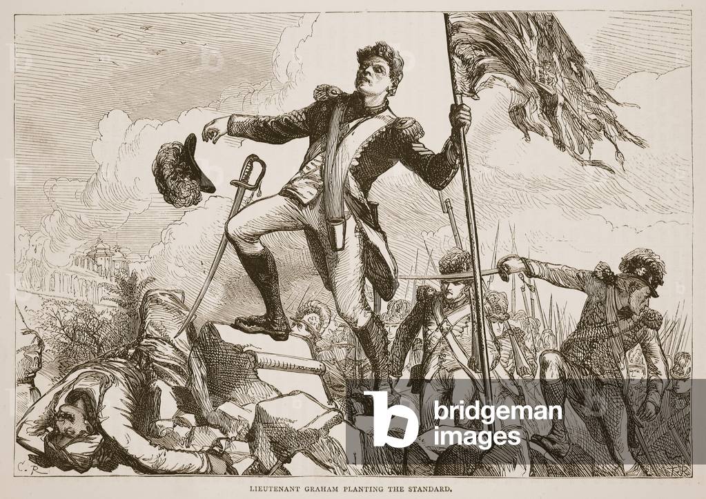 Lieutenant Graham planting the standard, illustration from 'Cassell's Illustrated History of India' by James Grant, pub. 1879 (litho)