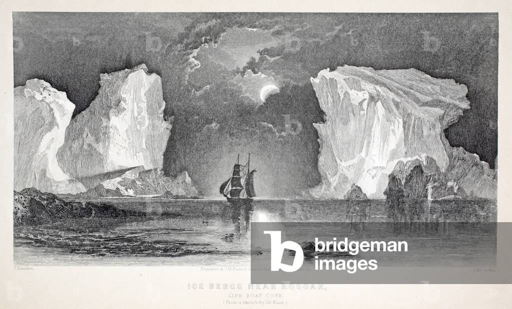 Icebergs near Kosoak, Life Boat Cove, illustration from 'The second Grinnell Expedition in Search of Sir John Franklin...', 1856 (engraving)

