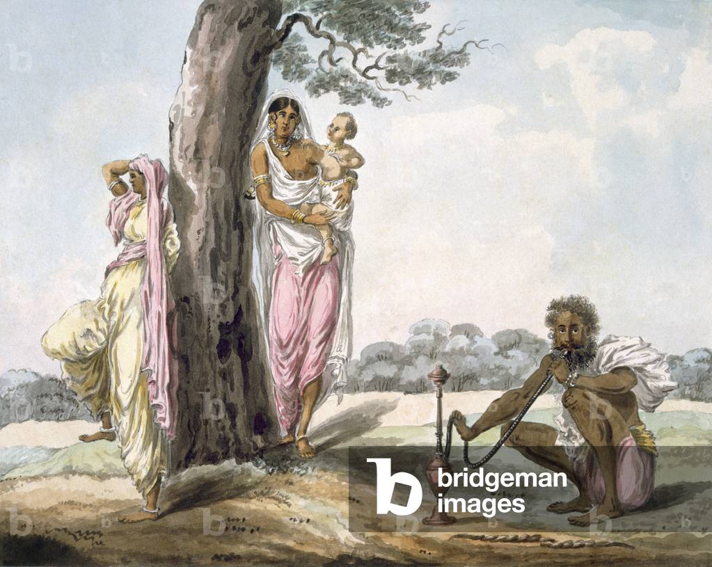 Immagine di Disegno "Famiglia: Uomo che fuma un narghilè e ragazza che fa yoga", 19th Secolo di Indian School