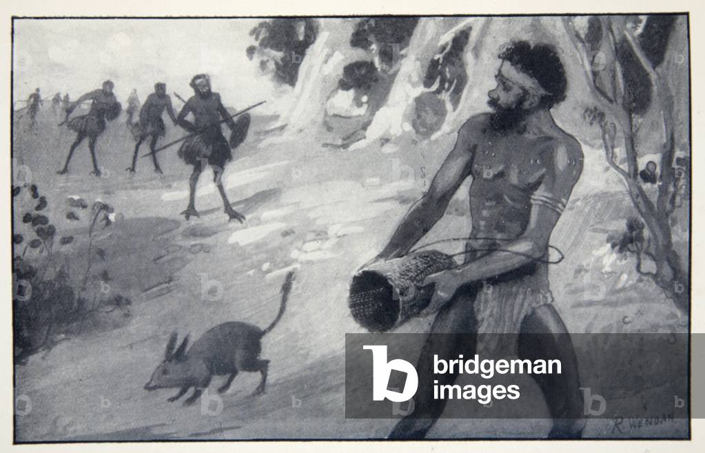 When the strange-looking blackfellows were close to him, Yoonecara released the bandicoot, illustration from 'Some Myths and Legends of the Australian Aborigines' by W.J. Thomas, 1923 (litho)