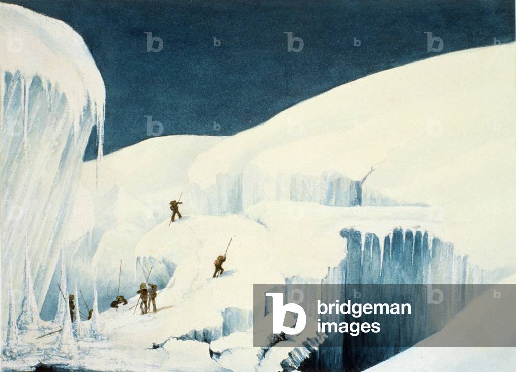 Crossing a Ravine, from 'A Narrative of an Ascent to the Summit of Mont Blanc' by Charles Fellows (1799-1860), published 1827 (colour litho)