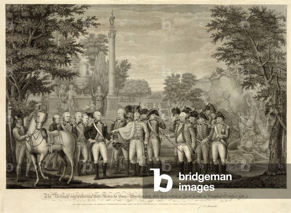The British surrendering their Arms to Gen. Washington after their defeat at York Town in Virginia October 1781, pub. 1819 (engraving)