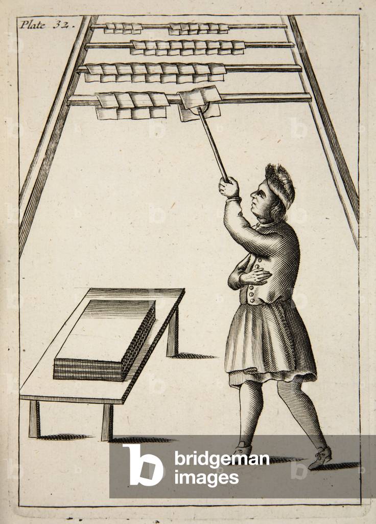 The Pressman Hanging Paper, Mechanick Exercises: or The Doctrine of Handy-Works applied to the Art of Printing, pub. 1683 (engraving)