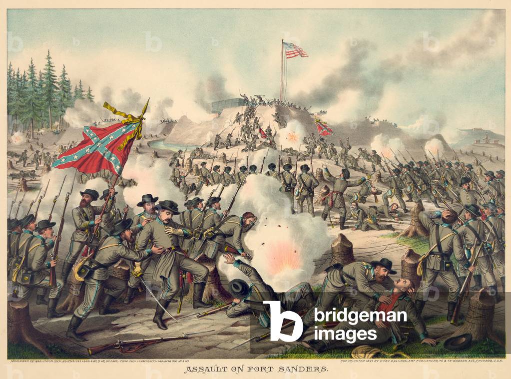 Assault on Fort Sanders, pub. Kurz & Allison, 1891 (colour litho)