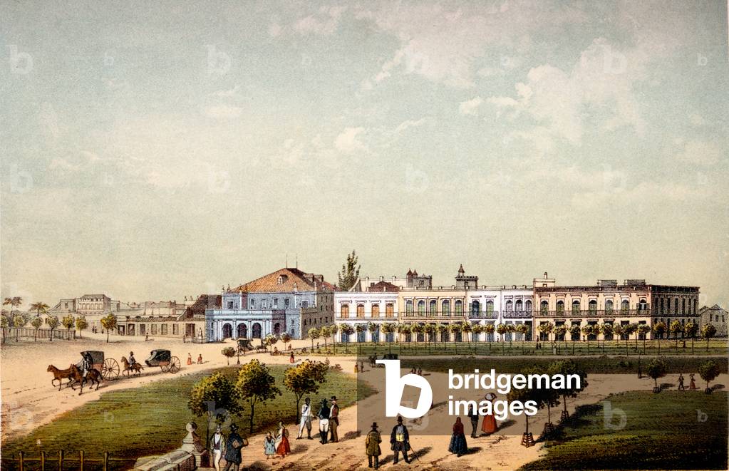Teatro de Tacon and part of Paseo de Isabel II, seen from the Gate of Monseratte, 1840 (colour litho)