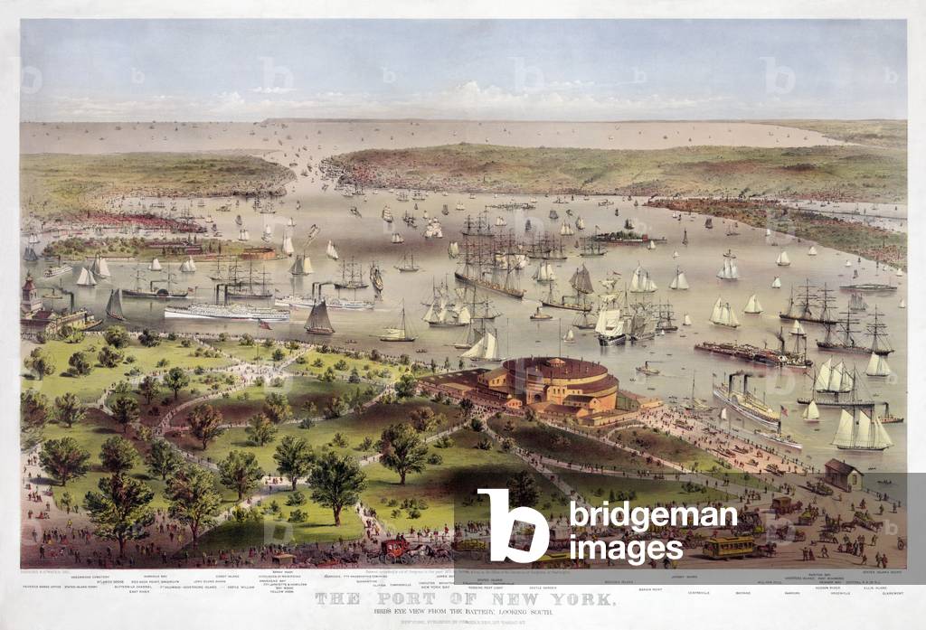 The Port of New York: Bird's Eye View from the Battery, looking South, pub. 1862 (colour lithograph)