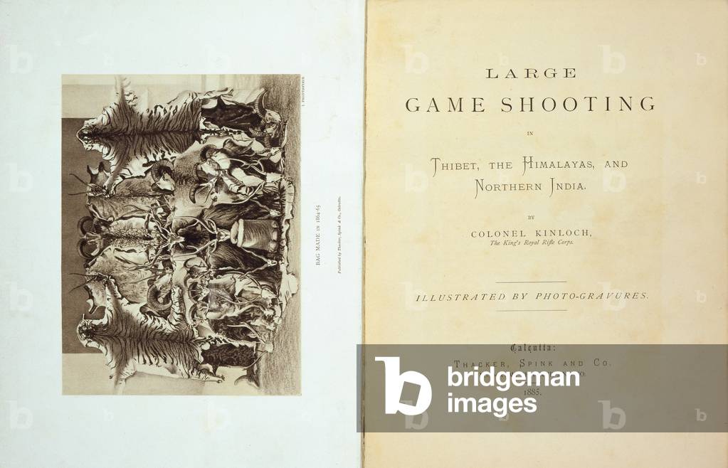 Title page and frontispiece of 'Large Game Shooting in Tibet, the Himalayas and Northern India' by Colonel Alexander Kinloch, published 1885 (litho) 