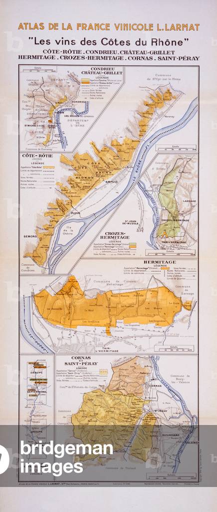 Map of the Côtes du Rhône Region, illustration from 'Atlas de la France Vinicole' by Louis Larmat, published 1942 (colour litho)
