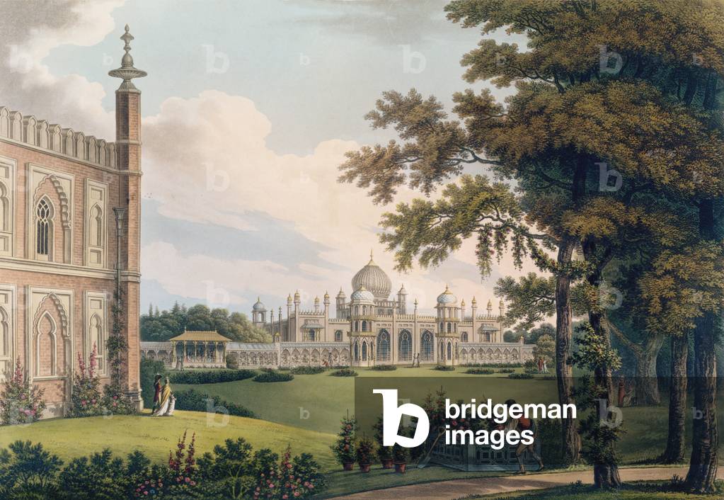 Brighton Pavilion showing gardens, engraved by Joseph Constantine Stadler (fl.1780-1812), early 19th century (colour litho)