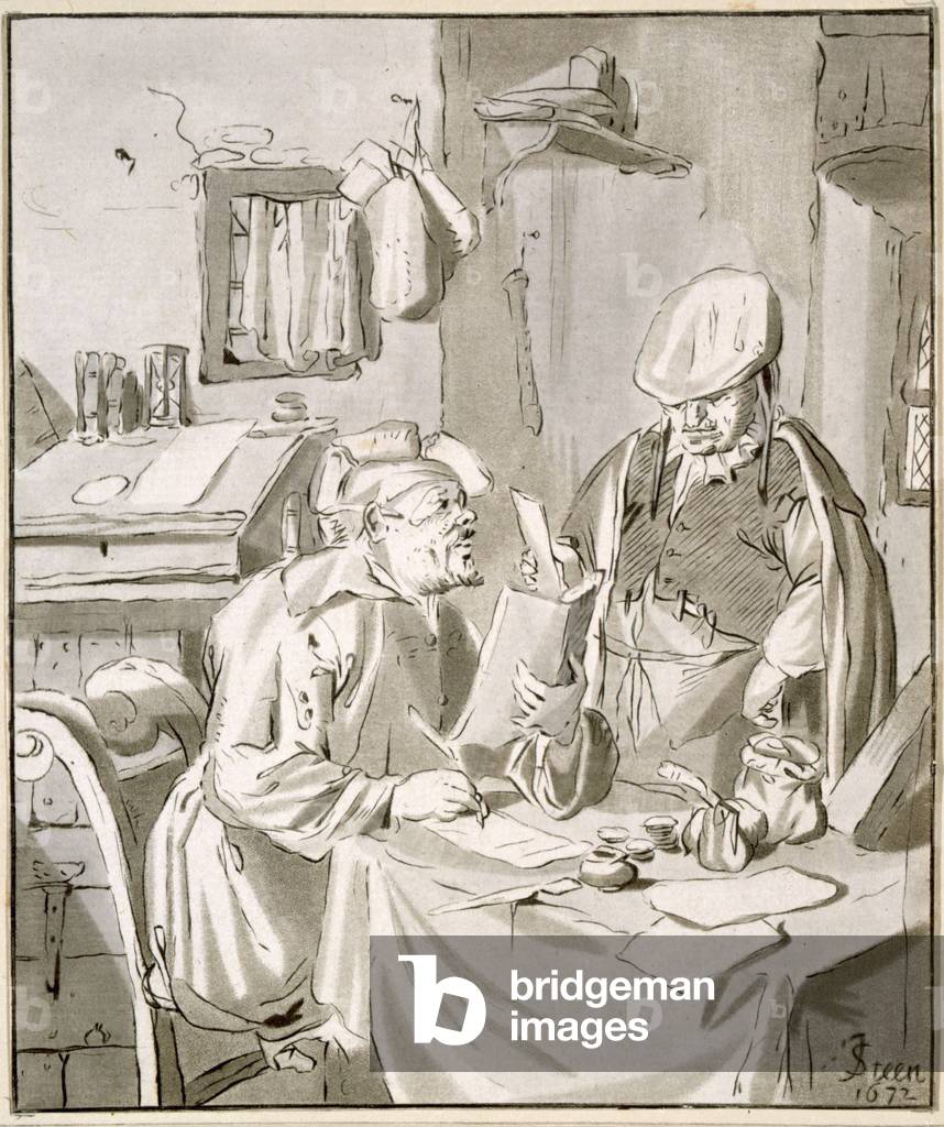 Two men discussing money in an office, 1672, copied by Cornelis Ploos van Amstel (1726-98) or Christian Josi (c.1765-1828) (engraving)