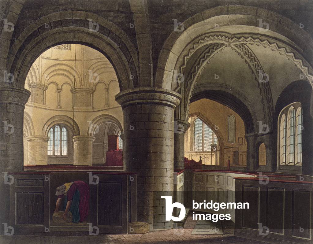 Interior of the Church of the Holy Sepulchre, Cambridge, from 'The History of Cambridge', engraved by J. Hill, pub. by R. Ackermann, 1815 (colour aquatint)