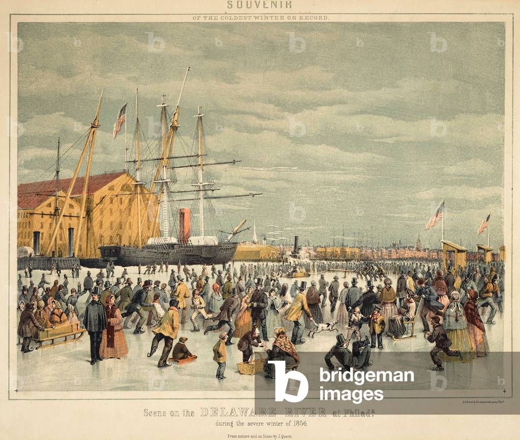 Scene on the Delware River at Philadephia during the Severe Winter of 1856, pub. 1856 (colour litho)