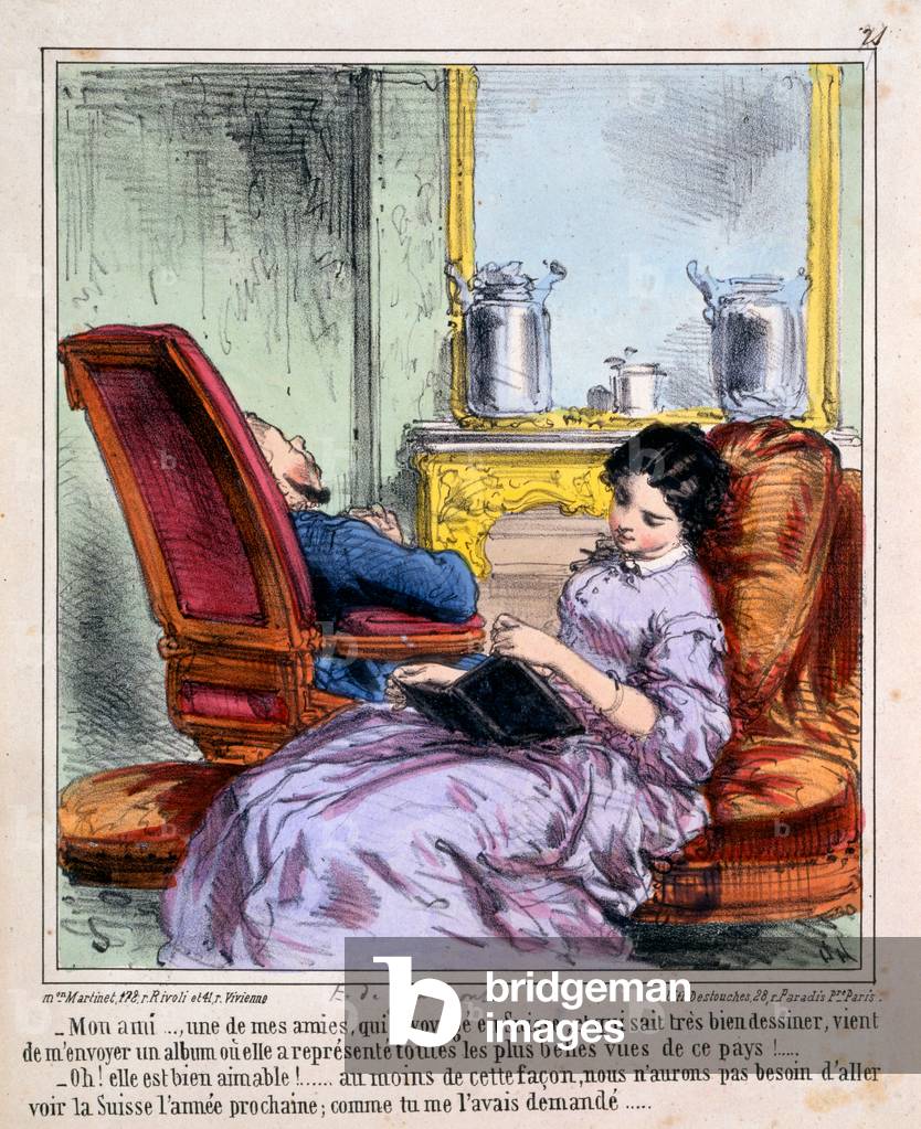 Wife:'A Friend has sent me an album of drawings of lovely views in Switzerland', Husband:'Good_ Then we don't need to go' (colour litho)