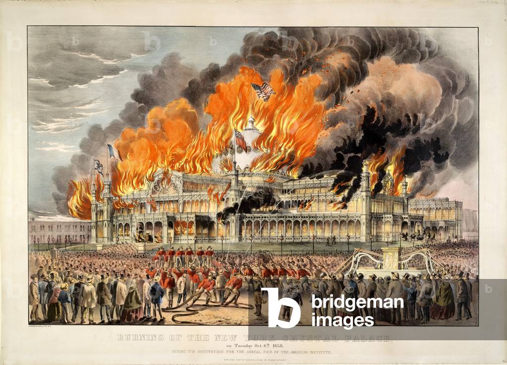 Burning of the New York Crystal Palace, pub. 1858 by Currier & Ives (colour litho)