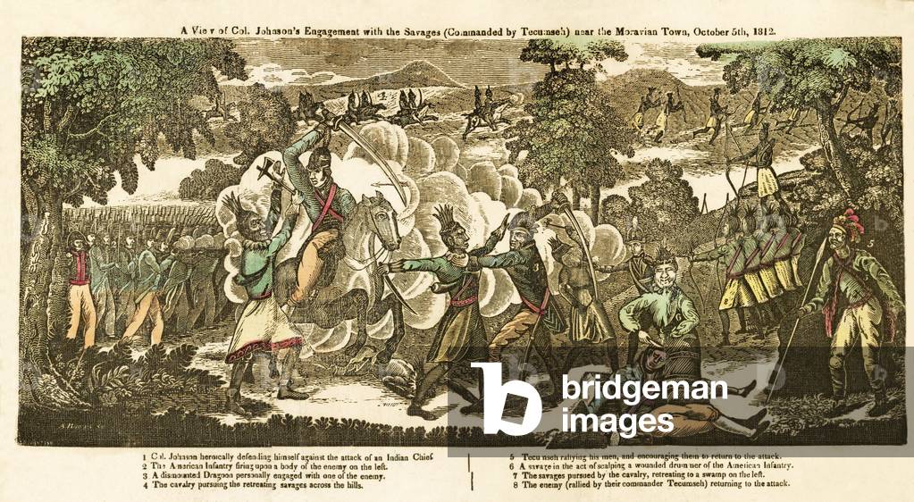 A View of Col. Johnson's engagement with the Savages (commanded by Tecumseh) near Moravian Town, October 5th, 1812, pub. 1828 (colour woodcut)